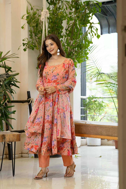 Premium Organza Floral Print Anarkali Suit Set – 4+ Meter Flair with Lace Dupatta