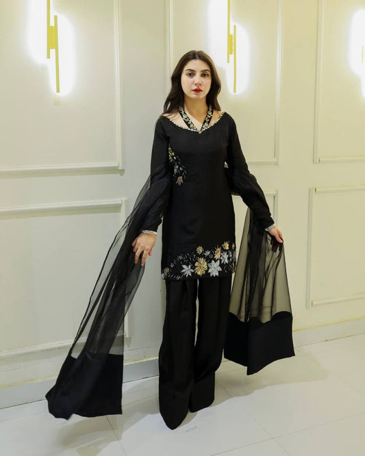 Premium Natural Crepe Silk Top, Farshi Pant & Tissue Silk Dupatta