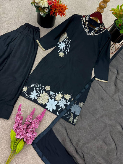 Premium Natural Crepe Silk Top, Farshi Pant & Tissue Silk Dupatta