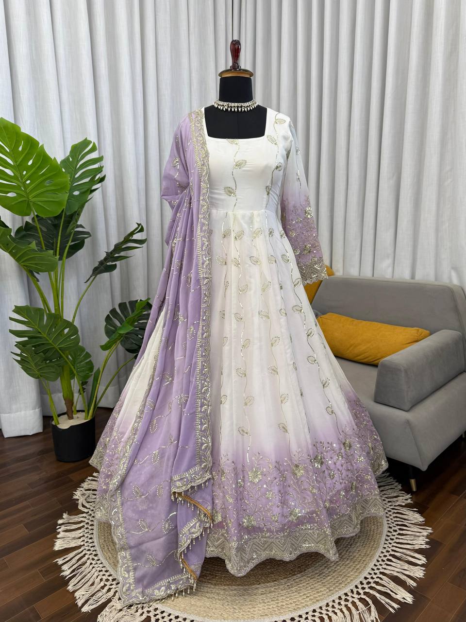 Premium Star Georgette Anarkali Suit Set – Sequins Embroidery Work