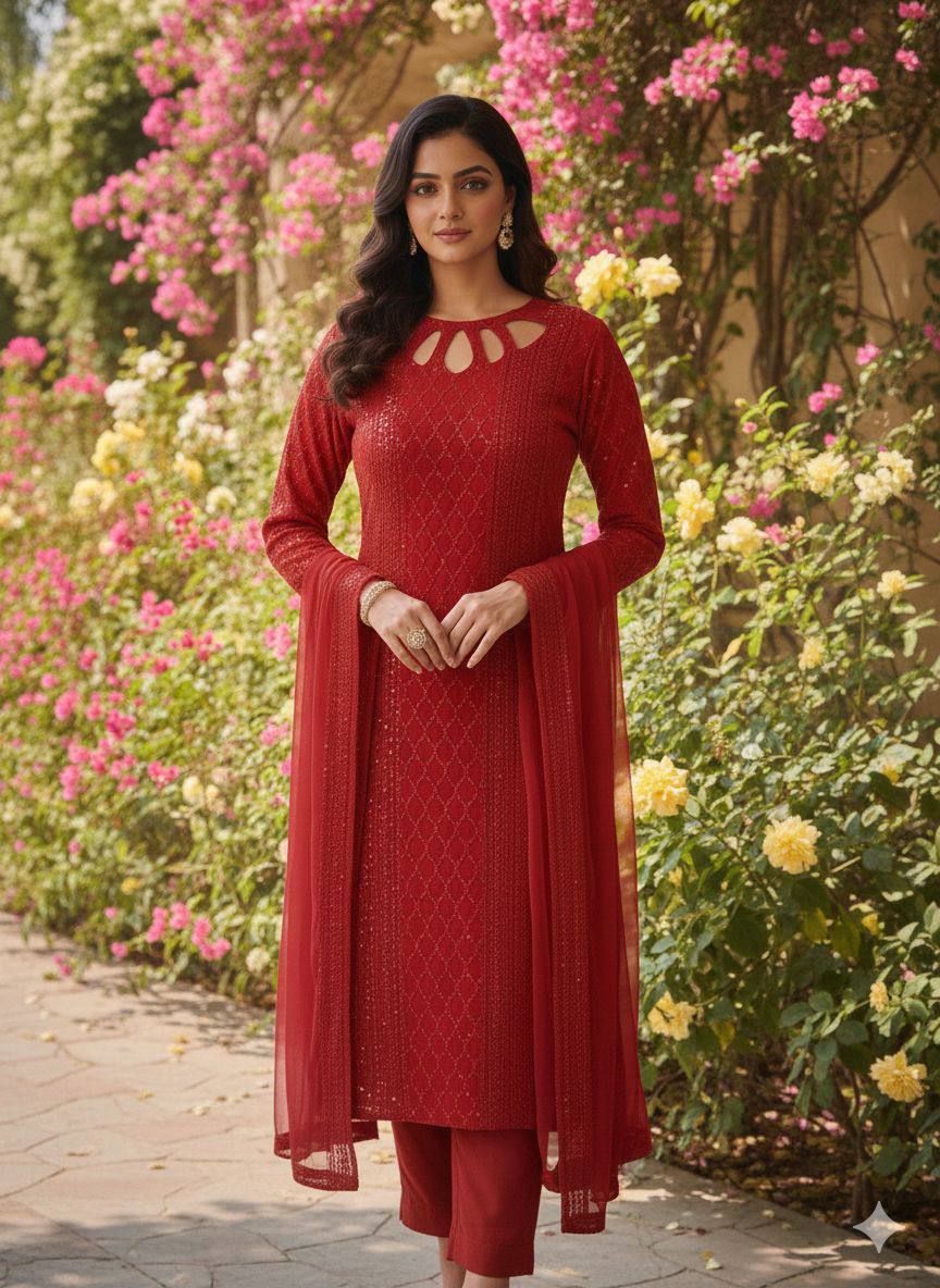 Premium Heavy Fox Georgette Top, Pant & Dupatta Set