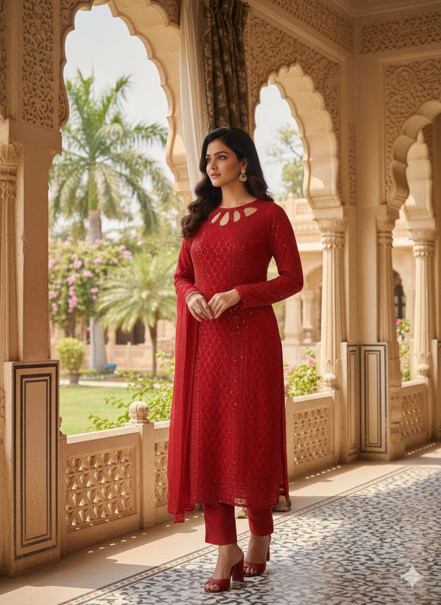 Premium Heavy Fox Georgette Top, Pant & Dupatta Set
