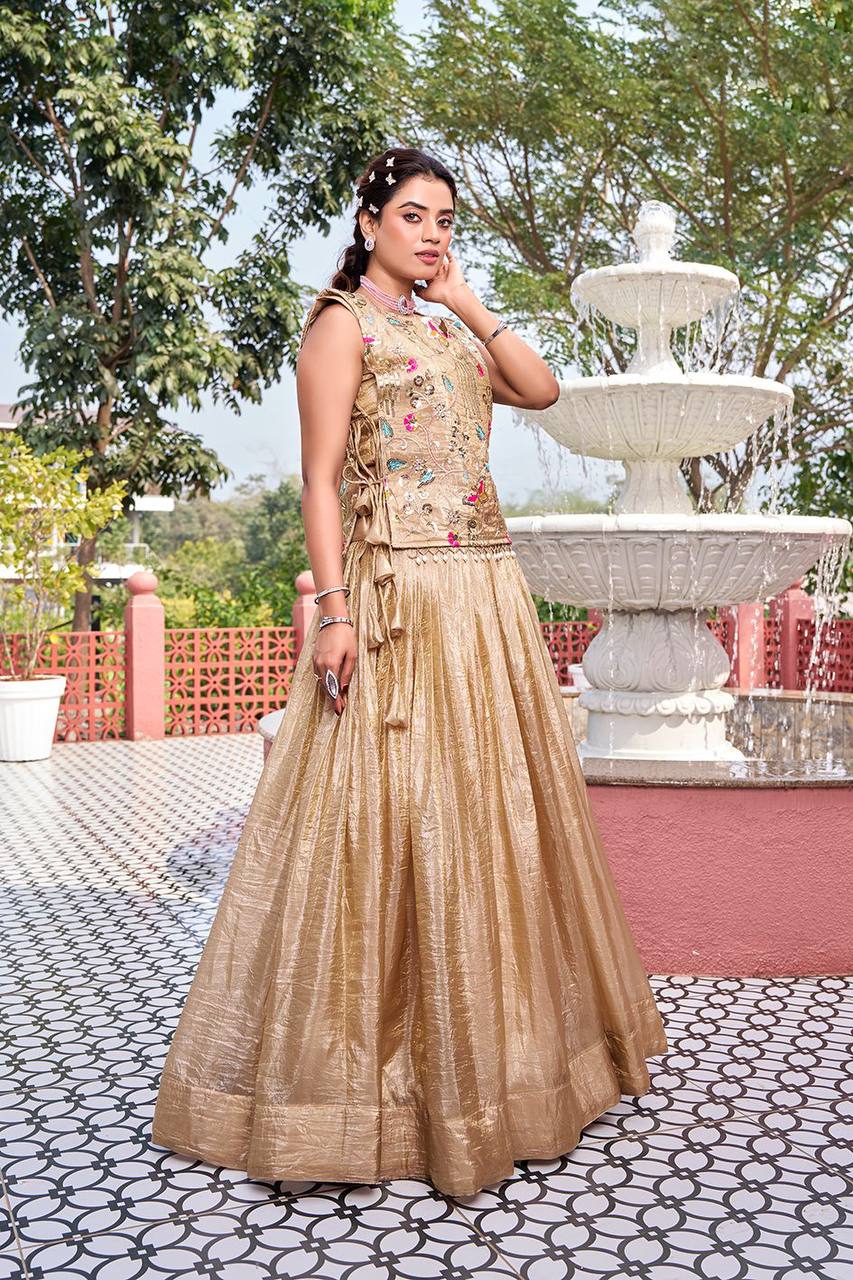 Premium Gold Crush Lehenga Choli with Shrug – Heavy Embroidery