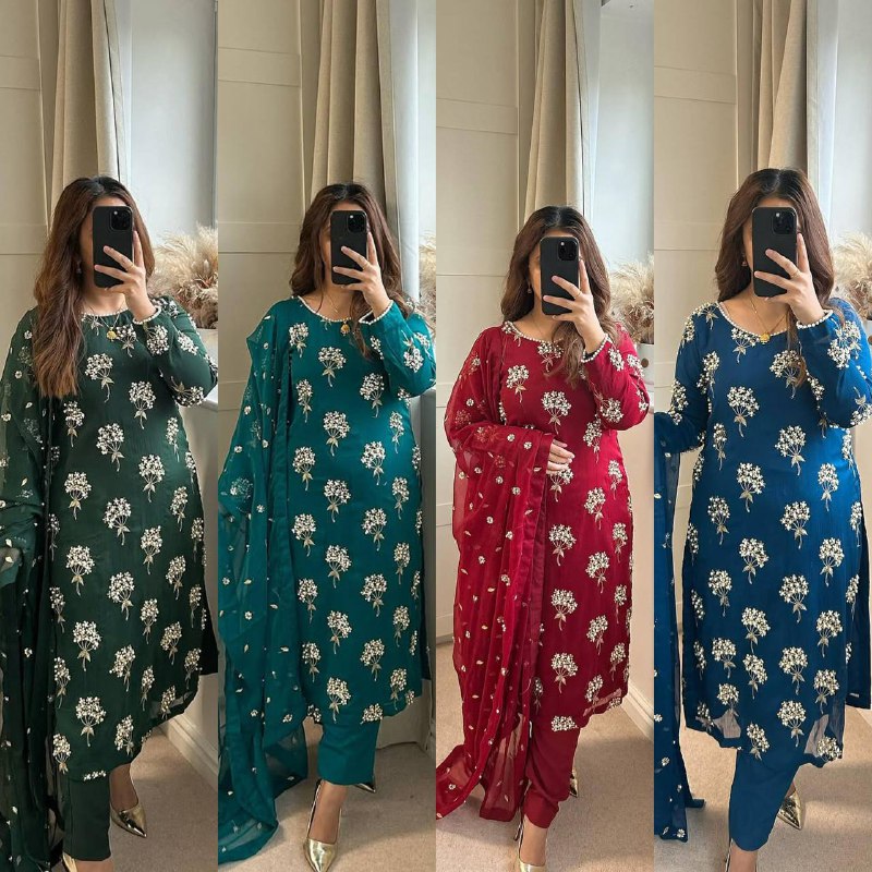 Premium Heavy Chinon Long Top, Pant & Dupatta Set
