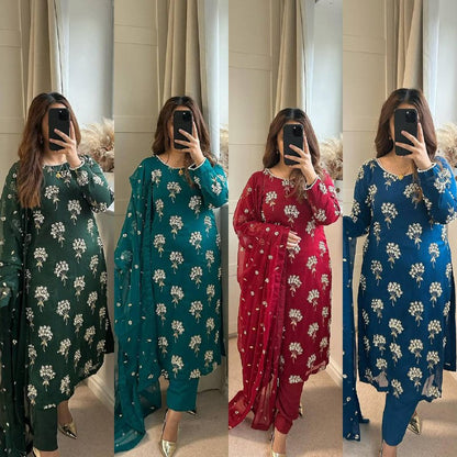 Premium Heavy Chinon Long Top, Pant & Dupatta Set