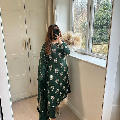 Premium Heavy Chinon Long Top, Pant & Dupatta Set