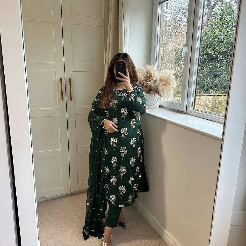 Premium Heavy Chinon Long Top, Pant & Dupatta Set