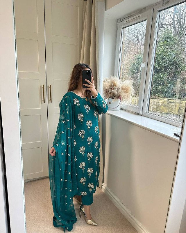 Premium Heavy Chinon Long Top, Pant & Dupatta Set