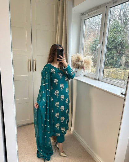 Premium Heavy Chinon Long Top, Pant & Dupatta Set