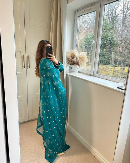 Premium Heavy Chinon Long Top, Pant & Dupatta Set