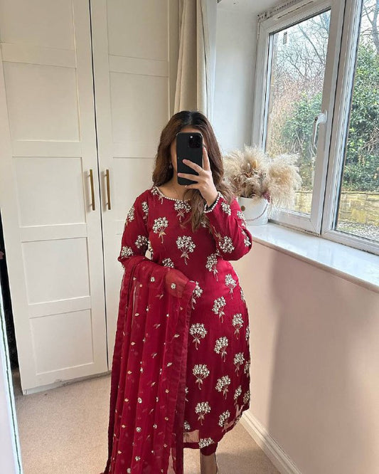 Premium Heavy Chinon Long Top, Pant & Dupatta Set