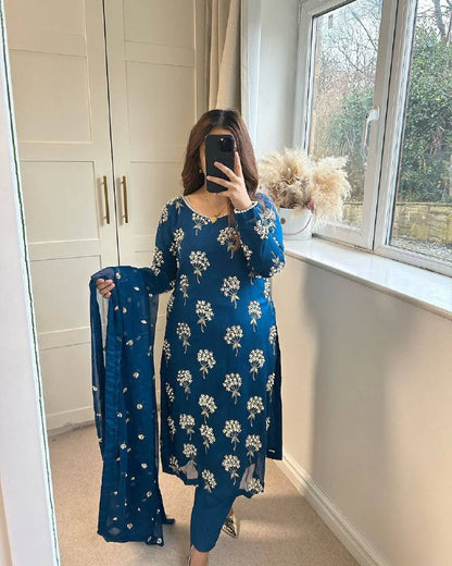 Premium Heavy Chinon Long Top, Pant & Dupatta Set