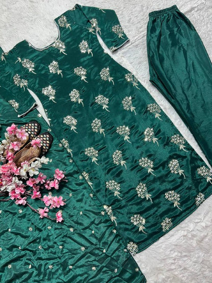 Premium Heavy Chinon Long Top, Pant & Dupatta Set
