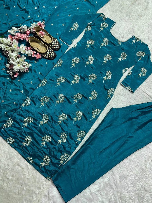 Premium Heavy Chinon Long Top, Pant & Dupatta Set