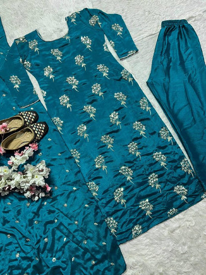 Premium Heavy Chinon Long Top, Pant & Dupatta Set