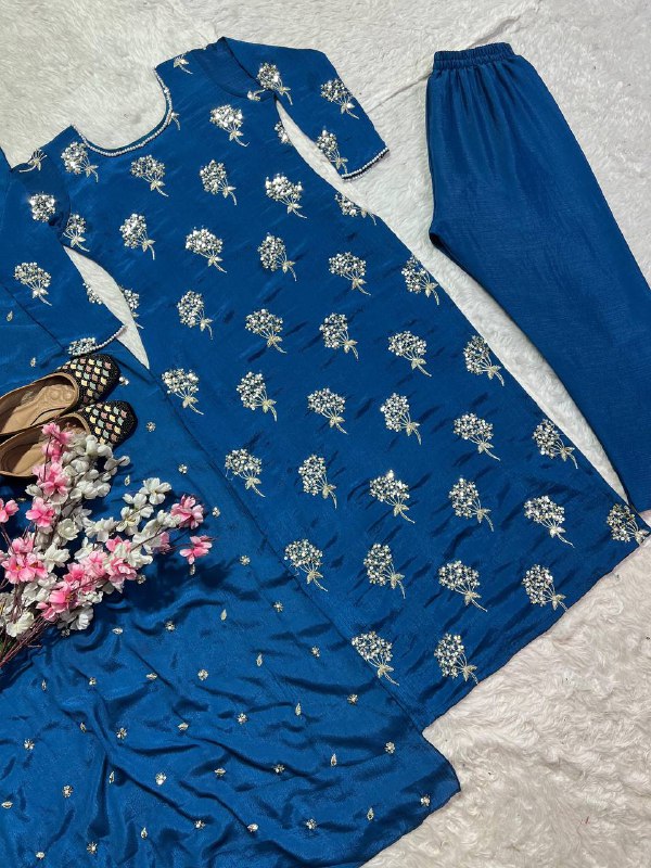 Premium Heavy Chinon Long Top, Pant & Dupatta Set