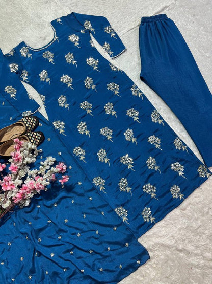 Premium Heavy Chinon Long Top, Pant & Dupatta Set
