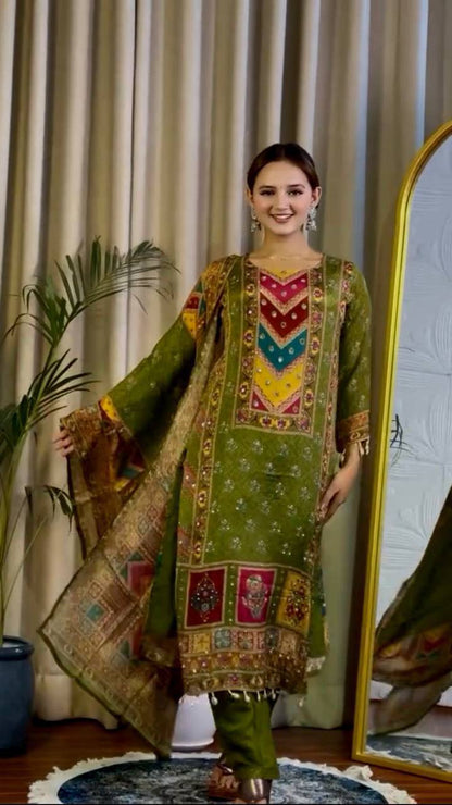 Premium Faux Georgette Digital Print Kurti, Pant & Dupatta Set
