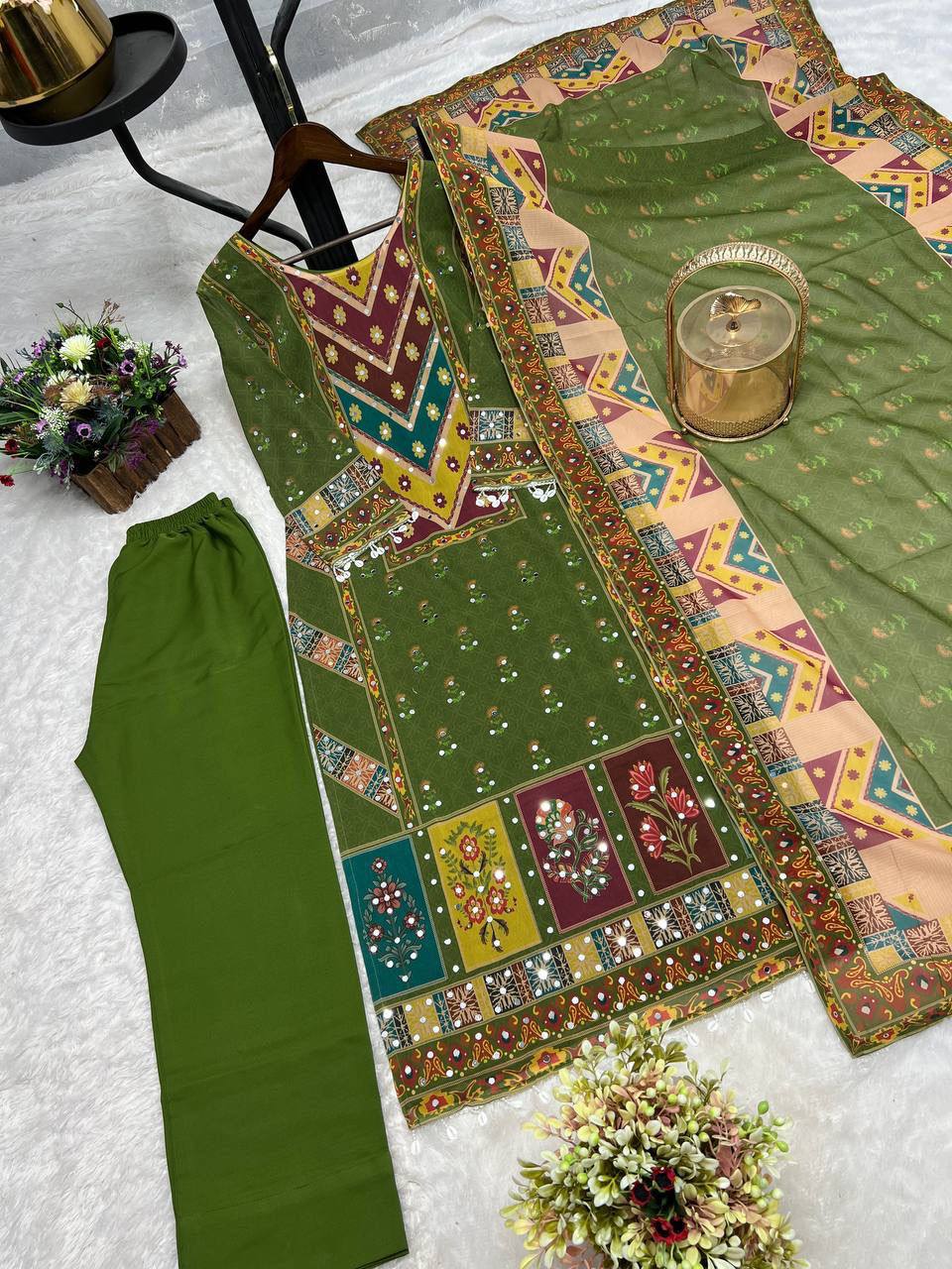 Premium Faux Georgette Digital Print Kurti, Pant & Dupatta Set
