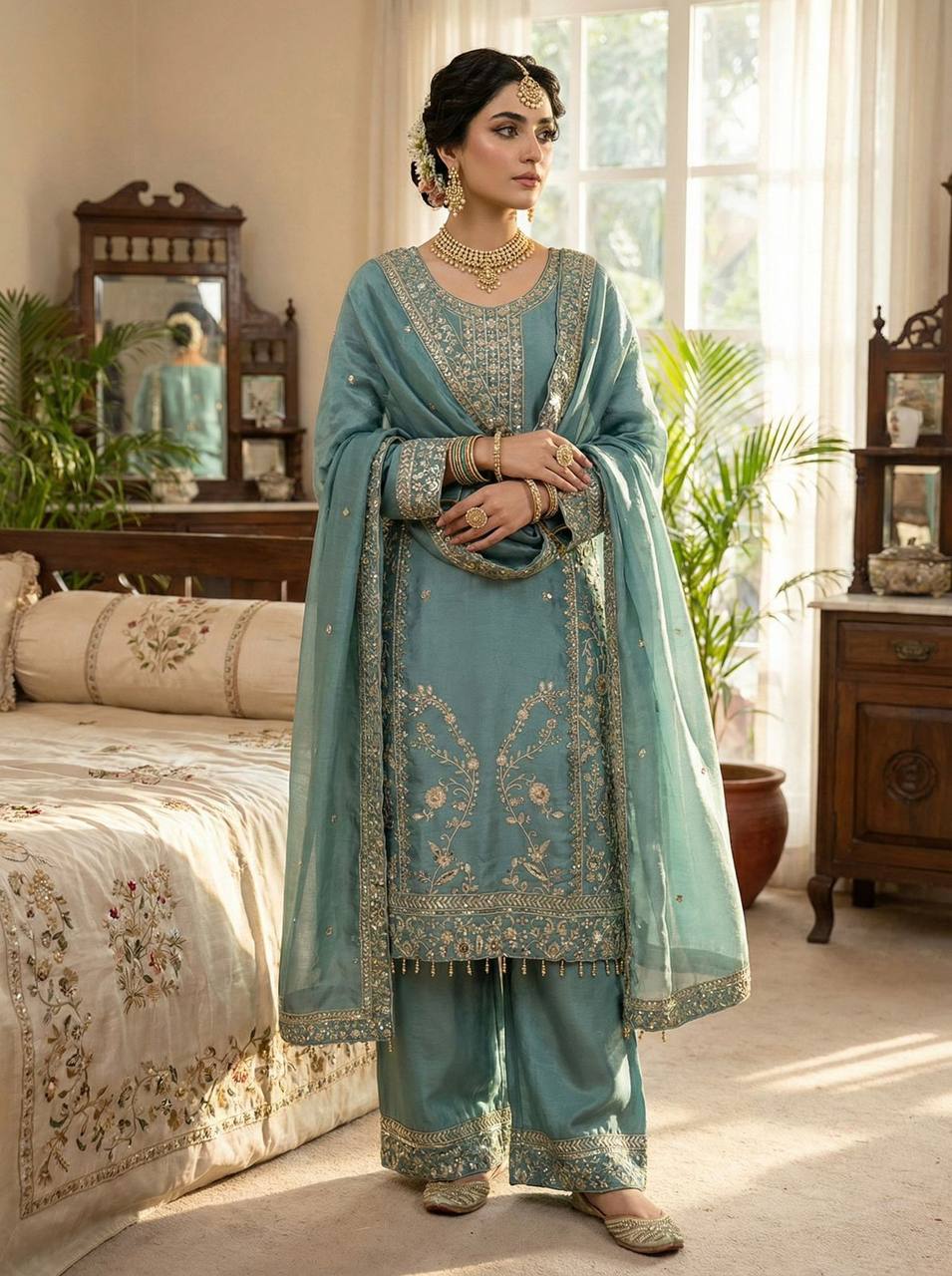 Premium GMY Silk Top, Plazzo & Dupatta Set – Heavy Sequins Embroidery Work
