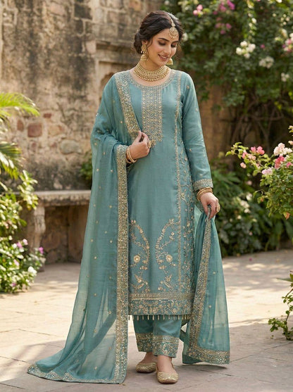 Premium GMY Silk Top, Plazzo & Dupatta Set – Heavy Sequins Embroidery Work