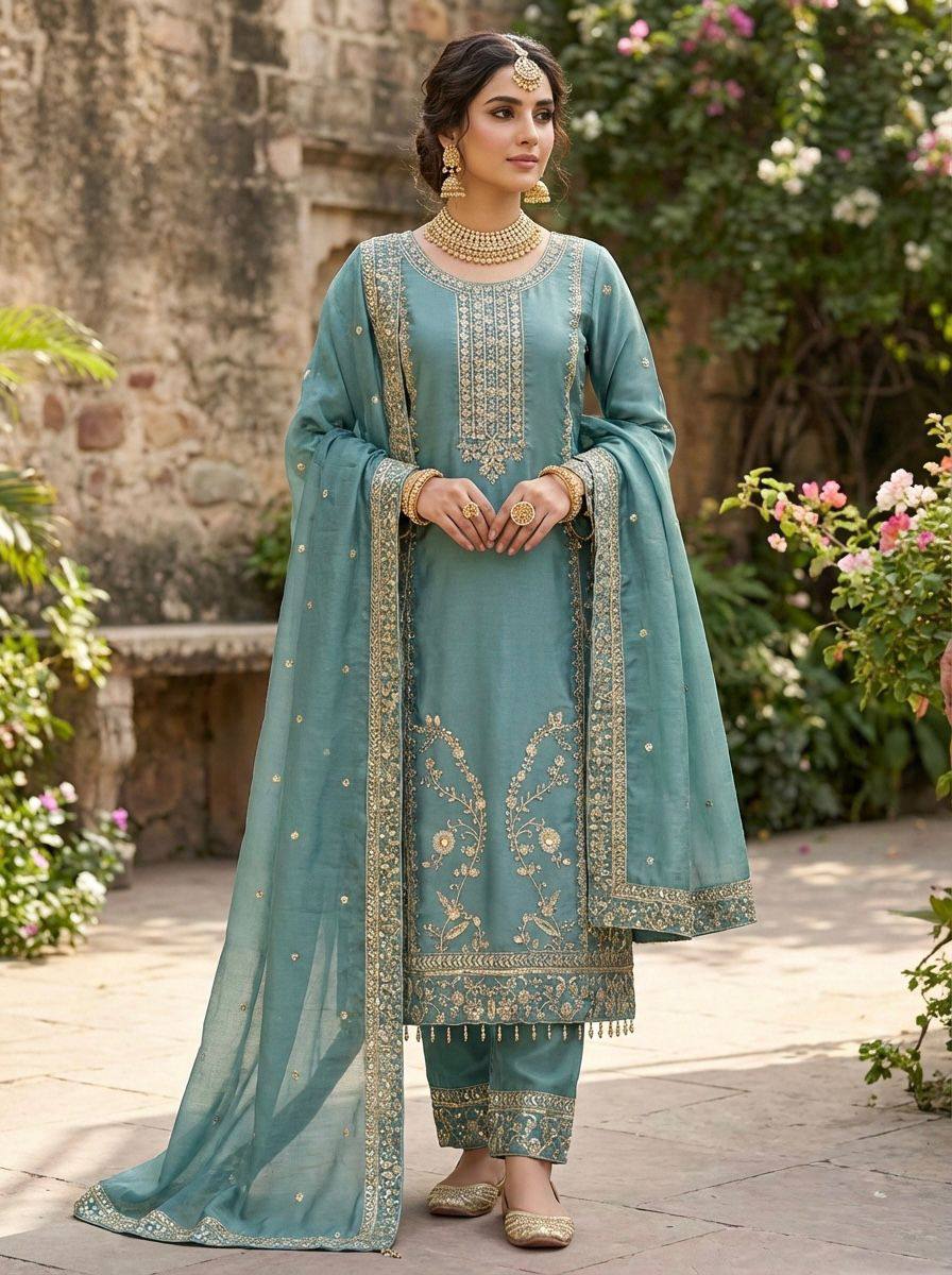 Premium GMY Silk Top, Plazzo & Dupatta Set – Heavy Sequins Embroidery Work