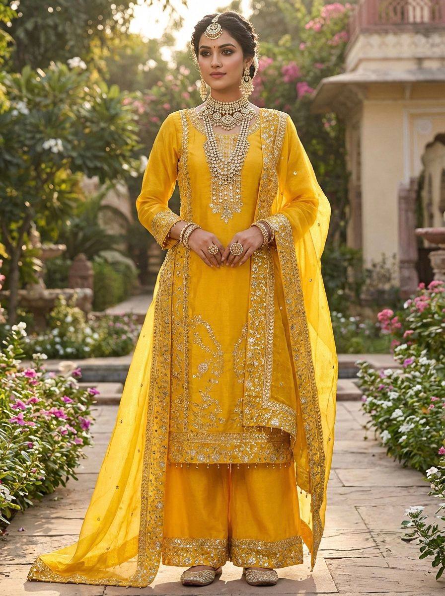 Premium GMY Silk Top, Plazzo & Dupatta Set – Heavy Sequins Embroidery Work