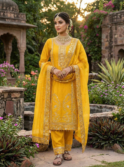 Premium GMY Silk Top, Plazzo & Dupatta Set – Heavy Sequins Embroidery Work