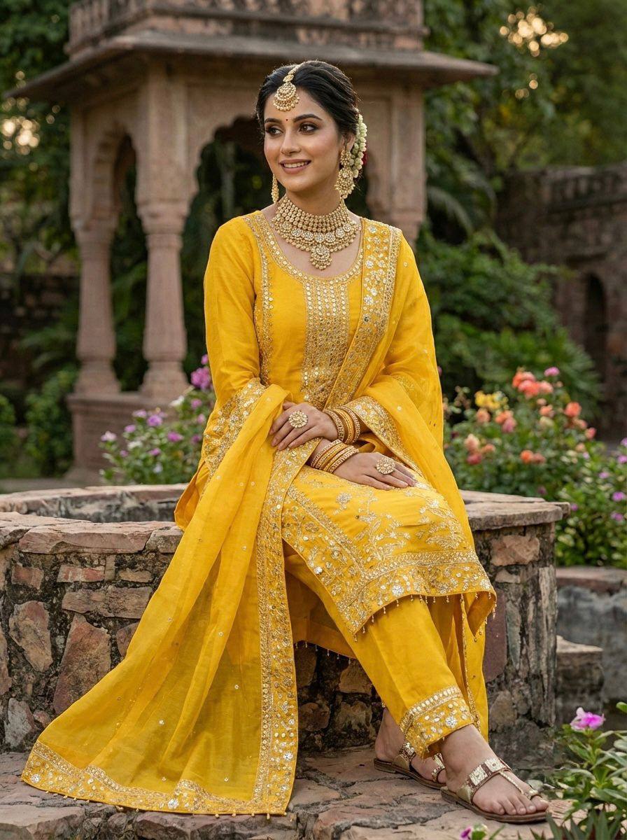 Premium GMY Silk Top, Plazzo & Dupatta Set – Heavy Sequins Embroidery Work