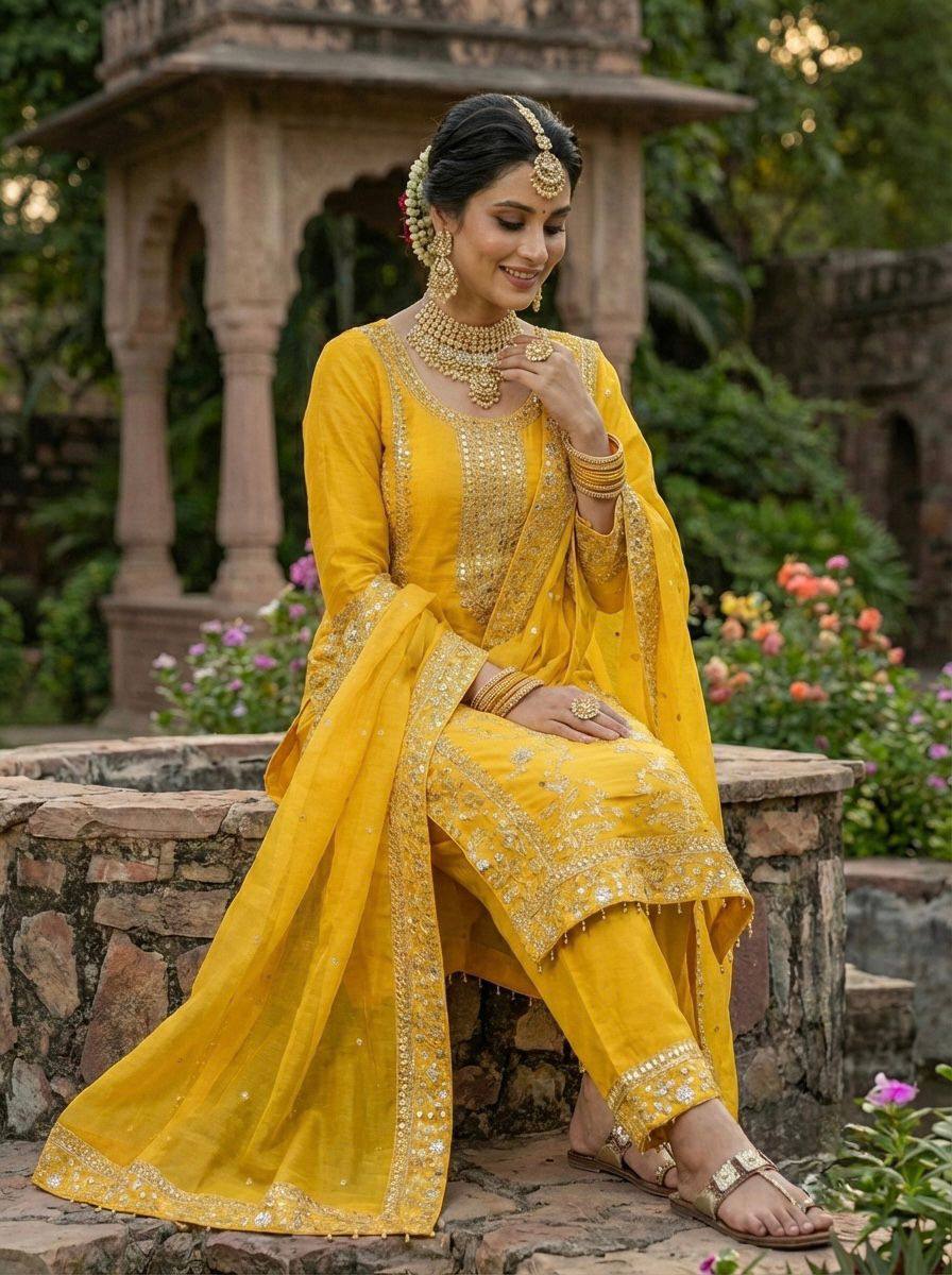 Premium GMY Silk Top, Plazzo & Dupatta Set – Heavy Sequins Embroidery Work