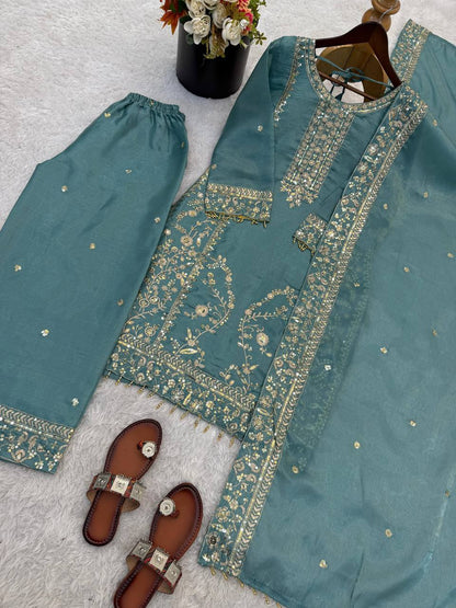 Premium GMY Silk Top, Plazzo & Dupatta Set – Heavy Sequins Embroidery Work