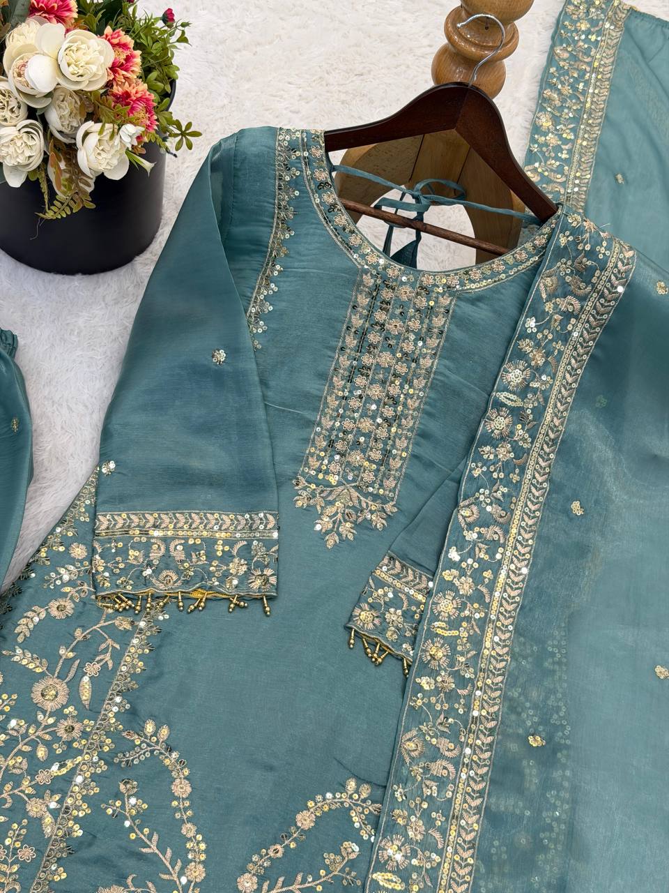 Premium GMY Silk Top, Plazzo & Dupatta Set – Heavy Sequins Embroidery Work
