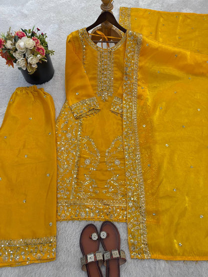 Premium GMY Silk Top, Plazzo & Dupatta Set – Heavy Sequins Embroidery Work