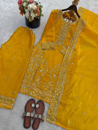Premium GMY Silk Top, Plazzo & Dupatta Set – Heavy Sequins Embroidery Work