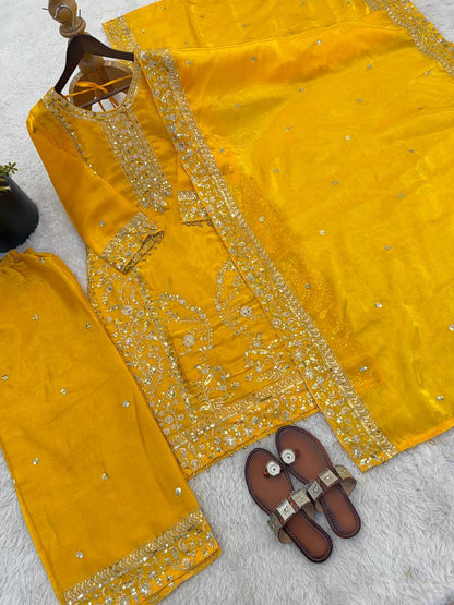 Premium GMY Silk Top, Plazzo & Dupatta Set – Heavy Sequins Embroidery Work
