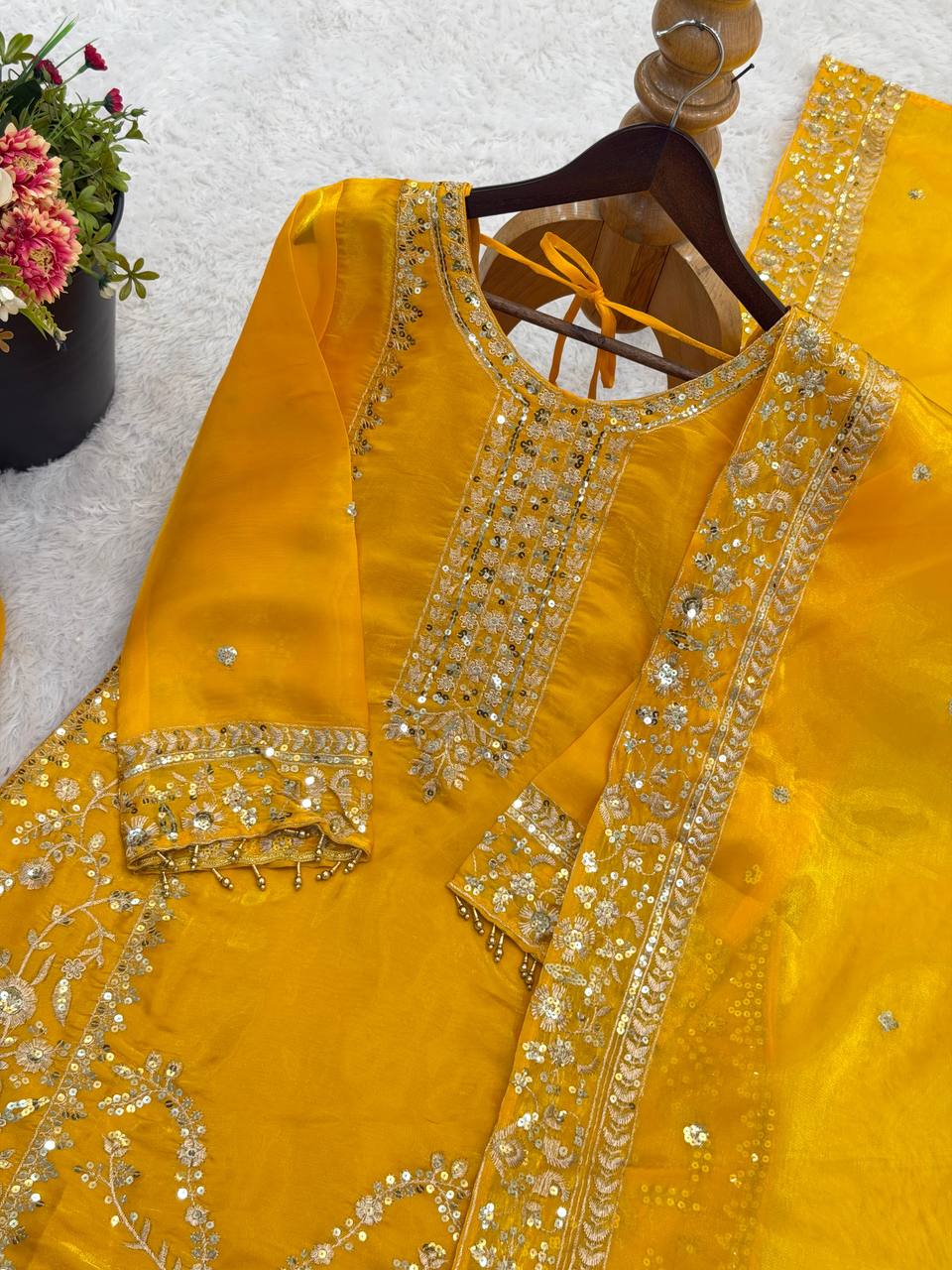 Premium GMY Silk Top, Plazzo & Dupatta Set – Heavy Sequins Embroidery Work