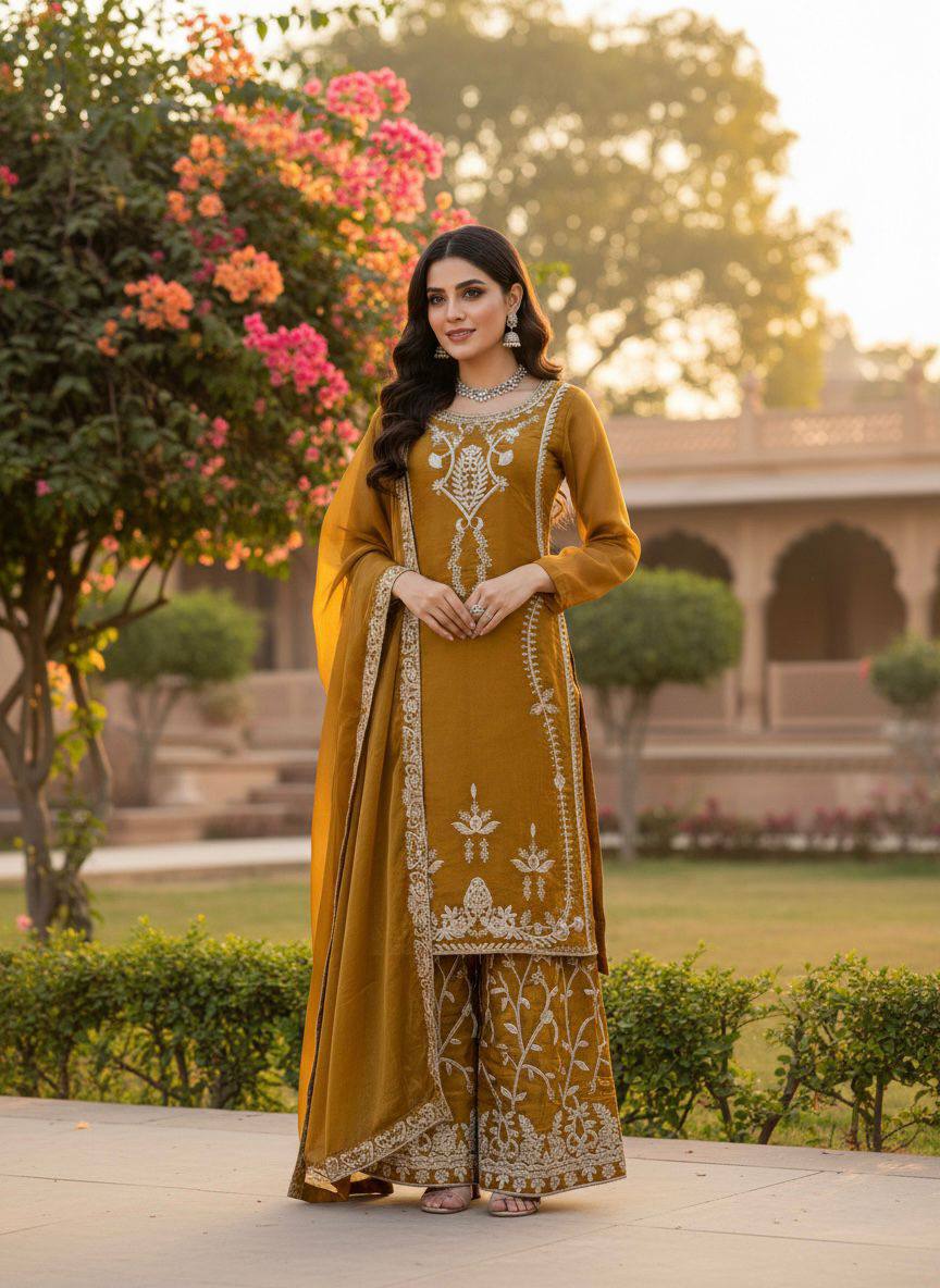 Premium JMC Silk Palazoo Set – Thread & Sequins Embroidery Work