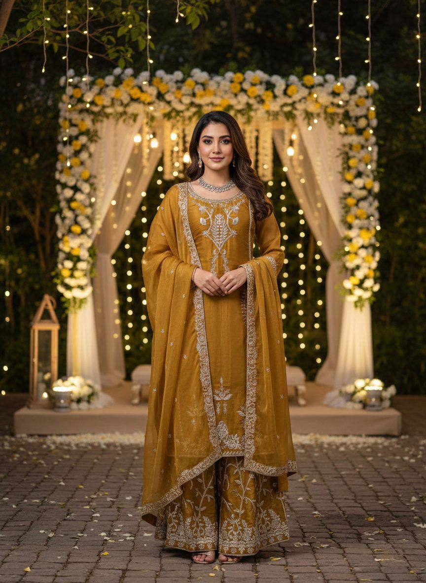 Premium JMC Silk Palazoo Set – Thread & Sequins Embroidery Work