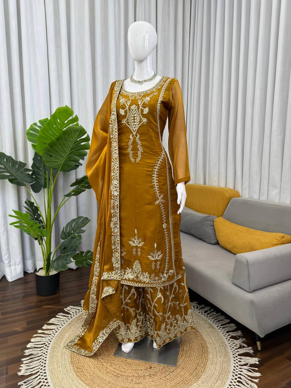 Premium JMC Silk Palazoo Set – Thread & Sequins Embroidery Work