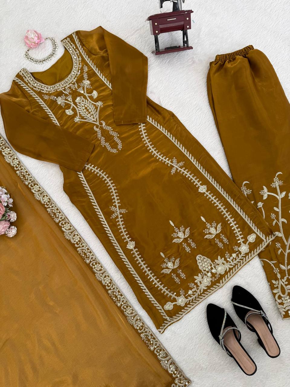 Premium JMC Silk Palazoo Set – Thread & Sequins Embroidery Work