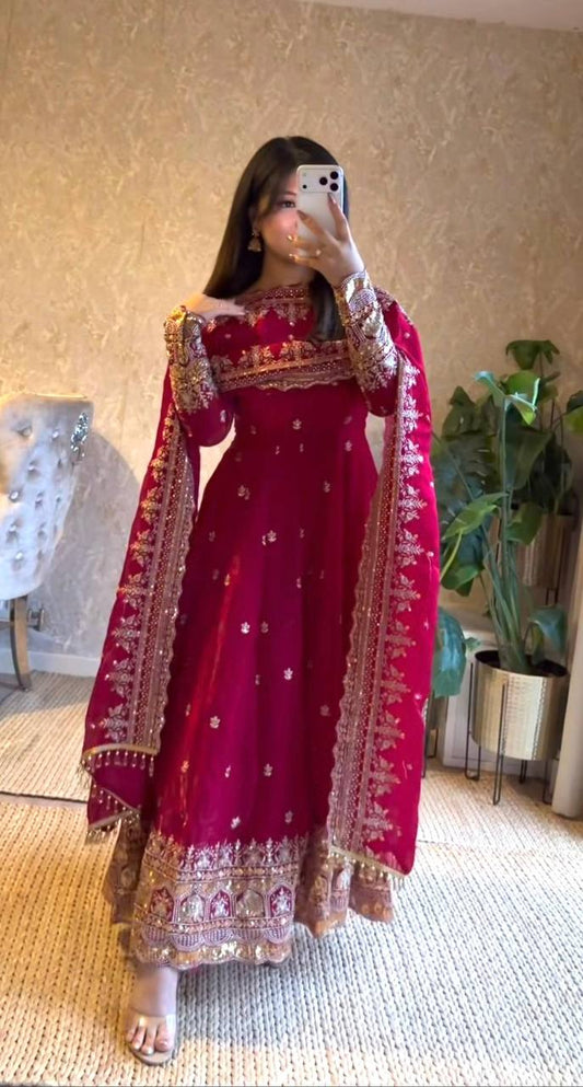 Premium Fandy Satin Silk Anarkali Suit Set – Heavy Coding Embroidery