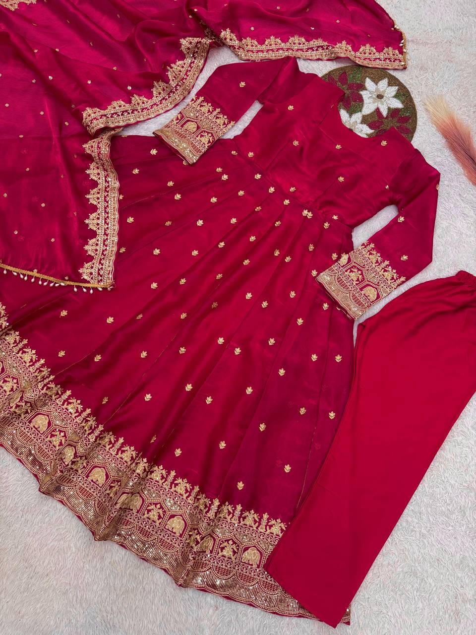 Premium Fandy Satin Silk Anarkali Suit Set – Heavy Coding Embroidery