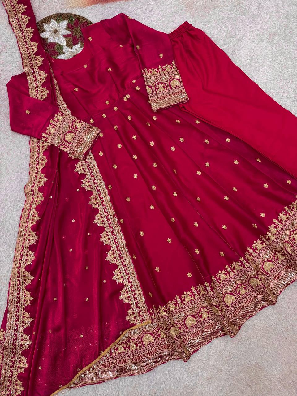 Premium Fandy Satin Silk Anarkali Suit Set – Heavy Coding Embroidery