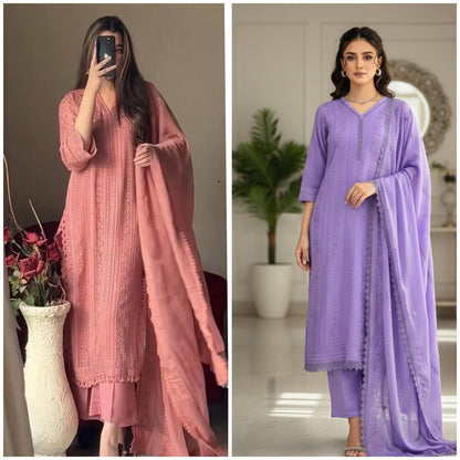 Premium Chinon Top, Plazzo & Dupatta Set – Cotton Thread Embroidery