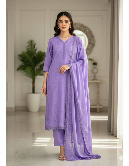 Premium Chinon Top, Plazzo & Dupatta Set – Cotton Thread Embroidery