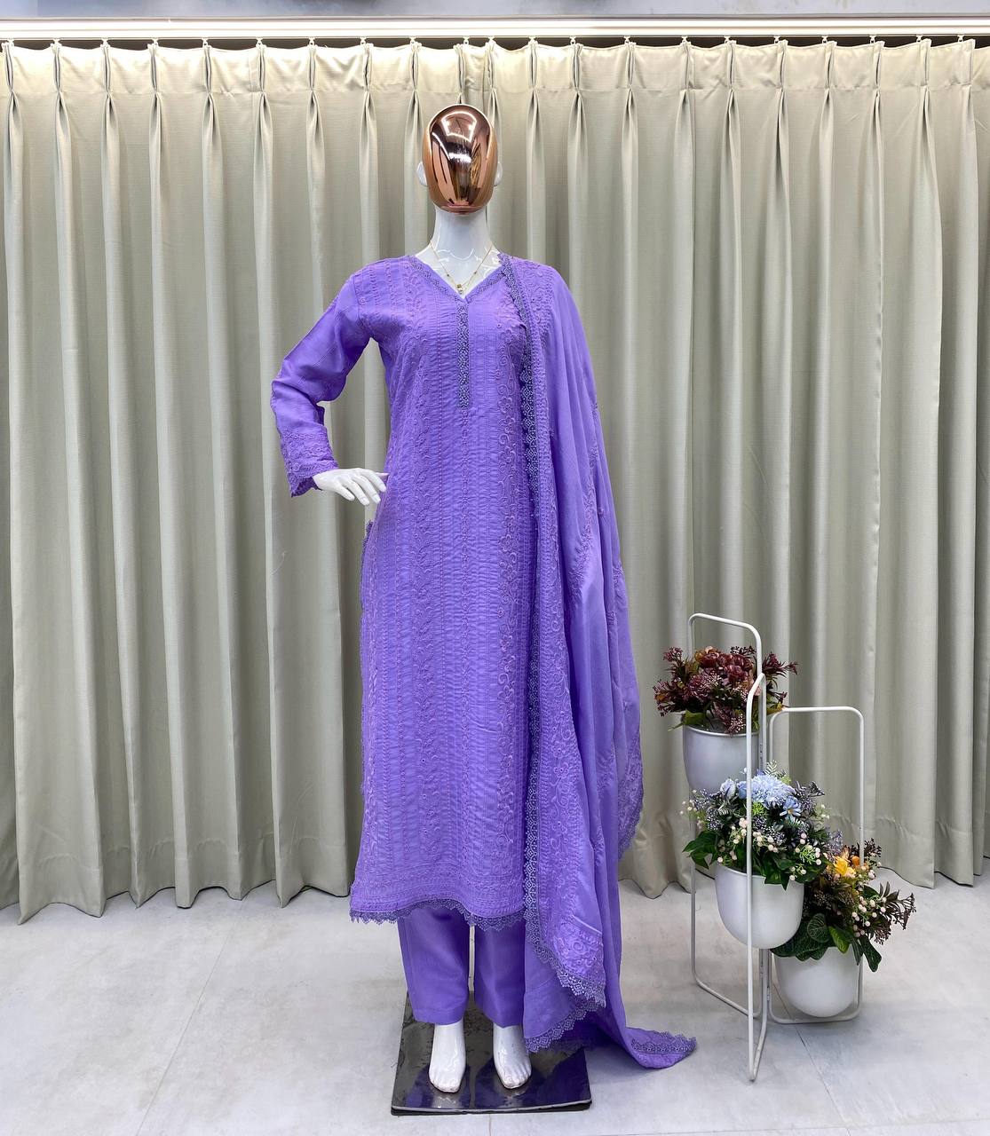 Premium Chinon Top, Plazzo & Dupatta Set – Cotton Thread Embroidery