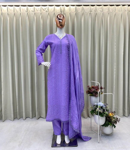 Premium Chinon Top, Plazzo & Dupatta Set – Cotton Thread Embroidery
