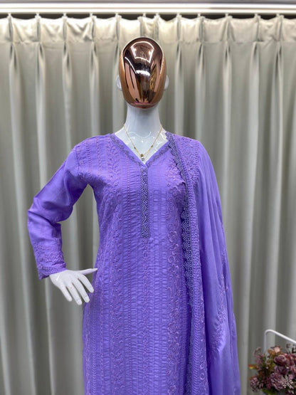 Premium Chinon Top, Plazzo & Dupatta Set – Cotton Thread Embroidery