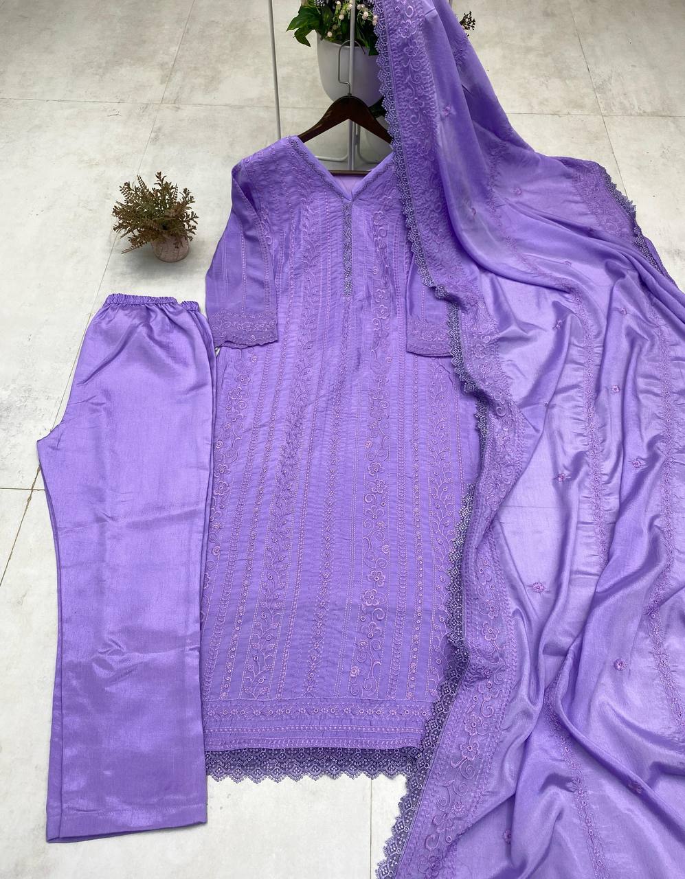 Premium Chinon Top, Plazzo & Dupatta Set – Cotton Thread Embroidery