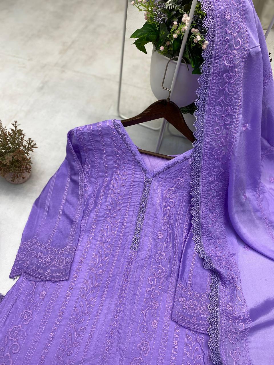 Premium Chinon Top, Plazzo & Dupatta Set – Cotton Thread Embroidery